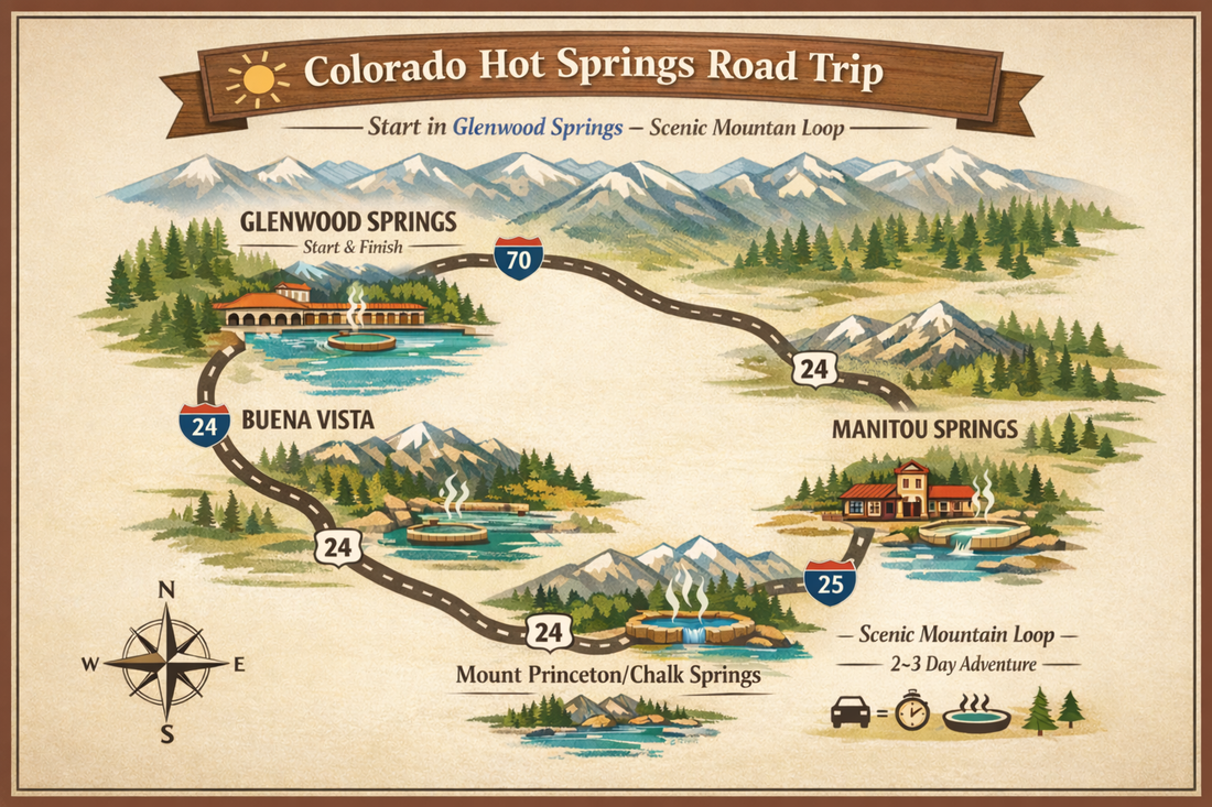 A visual map showing Glenwood, Manitou, Mount Princeton and Buena Vista, Colorado.
