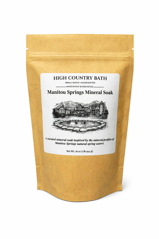 Manitou Springs Mineral Soak packaging with 'High Country Bath' label on a white background